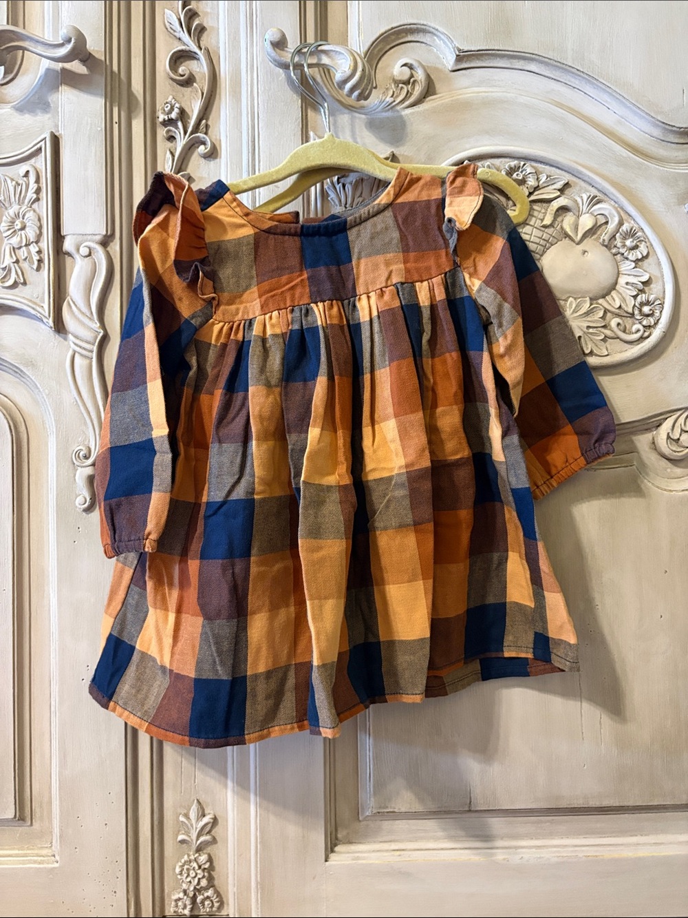The Children's Place Orange & Navy Plaid Ruffle-Sleeve Dress Top